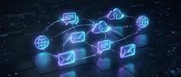 Digital cloud computing network with glowing neon icons connected by light streams on dark technological background for business communication concepts.