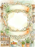 Watercolor kitchen frame with ornate scrollwork, ribbon banners, herbs, jars, and cooking utensils. Vintage style border with copy space for text.