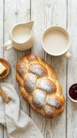 Fresh braided challah bread with powdered sugar on rustic wooden table with cream pitcher and empty mug for breakfast or brunch setting.