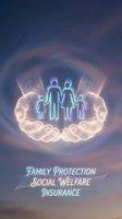 Glowing neon family silhouettes held in luminous hands against ethereal sky backdrop, symbolizing care, protection and security for insurance and welfare services.