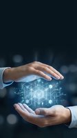 Businessman holding glowing digital network structure with geometric shapes and data visualization between hands, representing technology innovation and blockchain solutions.