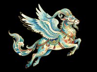 Ornate winged lion creature in vibrant teal, gold, and red tones, isolated on transparent background. Ready for t-shirt design, stickers, and print on demand.