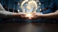 Business professionals holding glowing globe with future global initiatives text, symbolizing international collaboration, teamwork, and sustainable development goals for corporate growth.