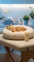 Orange tabby cat relaxing with cucumber slices on eyes in fluffy pet bed during spa day at home with candles and plants creating peaceful wellness atmosphere.