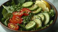 Fresh garden salad with sliced cucumbers, cherry tomatoes, and spinach leaves garnished with sesame seeds and lemon wedge in ceramic bowl.