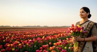 Woman of South Asian descent holding vibrant red and yellow tulips in expansive blooming field during golden hour, agricultural harvest and floral cultivation concept.
