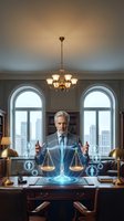 Middle-aged Caucasian businessman in suit using holographic justice scales technology in elegant law office with city view for legal tech concepts.