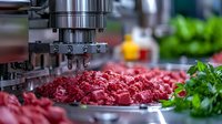 Industrial meat grinder processing fresh ground beef in commercial kitchen with herbs for restaurant food preparation and culinary manufacturing.