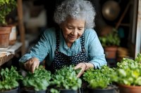 Senior Caucasian woman with curly gray hair sorting fresh green leafy vegetables in rustic kitchen setting for healthy cooking and organic food preparation.