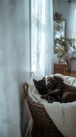 Adorable black kitten and brown puppy cuddling together in wicker basket by sunny window in cozy home interior for pet friendship and companionship concepts.