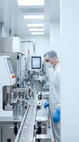 Pharmaceutical technician in protective gear operating automated production line equipment in sterile cleanroom manufacturing facility.