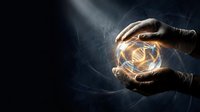 Hand holding glowing golden sphere with energy waves on dark background, representing innovation, power, technology, and future concepts for business and design.