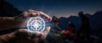 Glowing compass held in hand at dusk with blurred campfire and people in background, symbolizing direction, navigation, and outdoor adventure guidance.