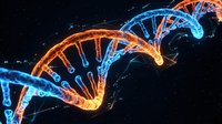 Glowing DNA double helix structure with orange and blue neon lines on dark background, suitable for science, genetics, biotechnology, and medical research presentations.