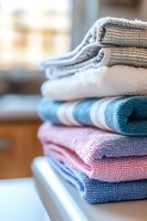 Stack of neatly folded cotton towels in pastel colors - blue, pink, and beige - creating a soft textured arrangement for bathroom decor.
