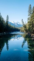 Serene mountain river landscape with snow-capped peaks, evergreen forest, and mirror-like water reflections under clear blue sky. Ideal for nature and travel themes.
