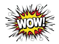 Comic book explosion with WOW text in bold letters surrounded by colorful burst rays and halftone dots on white background for pop art designs.