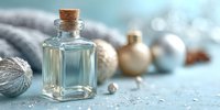 Glass bottle with cork stopper surrounded by silver and gold Christmas ornaments on textured surface for holiday aromatherapy and festive decoration projects.