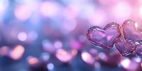 Transparent heart shapes floating on dreamy pink and blue bokeh background with soft glowing light effects, romantic atmosphere for Valentine's Day designs.