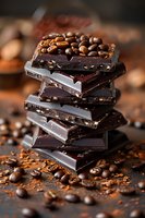Stack of dark chocolate pieces with coffee beans on top and scattered around, photographed in moody lighting against dark background. Perfect for food marketing.