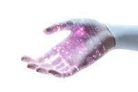 Glowing pink digital particles and binary code floating above an open palm against white background, representing artificial intelligence and future technology.