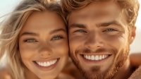 Young Caucasian couple with bright white smiles and glowing skin in warm sunlight closeup. Blonde woman and bearded man showing healthy teeth and genuine happiness.