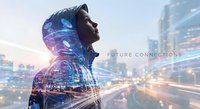 Young professional woman silhouette with digital network overlay against modern city skyline. Technology connectivity concept for business presentations.