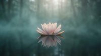 Pink lotus flower floating on calm water surface with soft sunlight filtering through misty forest background creating peaceful zen atmosphere.