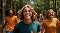 Young diverse friends laughing while walking in forest path, expressing genuine joy and connection. Casual outdoor lifestyle with authentic emotions and natural lighting.