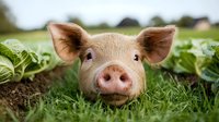 Curious young pig peeping through green leaves in garden, close up portrait of piglet face with pink snout and alert ears against natural background.