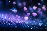 Dreamy pink heart shapes floating over sparkling blue glitter surface with bokeh effect, creating romantic atmosphere for Valentine's day or love themed designs.