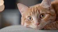 Adorable ginger cat with bright amber eyes lying on gray sofa, close-up portrait showing curious expression and soft fur texture against blurred background.