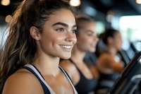 Young athletic woman with bright smile exercising on cardio equipment in modern gym. Group fitness training in background with blurred bokeh lights.