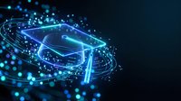 Digital graduation cap with glowing blue neon lights and particle effects on dark background. Modern education technology concept for online learning platforms.