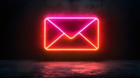 Glowing neon pink mail envelope sign reflected on wet surface against dark background, modern minimalist design for communication concepts.