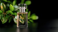 Elegant glass perfume bottle with golden fragrance against dark background and green leaves, luxury cosmetic product photography for beauty advertising.