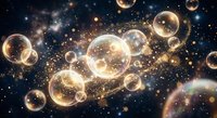 Golden soap bubbles floating in cosmic space with sparkling stars and nebula clouds creating magical atmosphere for fantasy designs.