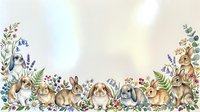 Watercolor illustration of adorable rabbits and bunnies surrounded by wildflowers, lavender, and botanical elements on isolated white background, suitable for nursery decor and children's designs.