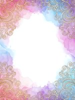 Watercolor frame with ornate golden swirls and decorative elements in pink, purple and blue gradient colors with white center space for text or design.
