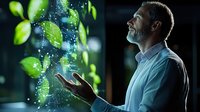 Mature Caucasian businessman with gray beard interacts with floating green leaves and digital particles, representing sustainability and eco-friendly innovation.