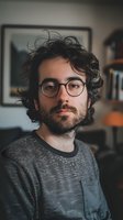 Young Caucasian man with curly dark hair, beard and round glasses looking at camera. Casual indoor portrait in moody lighting shows creative professional at home.