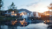 Audio waveform visualization overlaid on blurred evening lakeside scene with bokeh lights and mountain silhouette, creating atmospheric music concept.