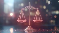 Glowing scales of justice with neon pink light effect against dark bokeh background, symbolizing law, balance and legal system concept for professional presentations.