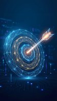 Digital arrow hitting glowing target with geometric wireframe design on futuristic blue technology background for business success concepts.