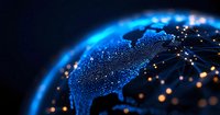 Digital globe with glowing network connections and illuminated dots representing global data exchange and worldwide communication links on dark background.