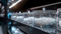 Glass containers filled with shiny white pearls on illuminated shelf against dark background, creating luxury jewelry store display atmosphere.