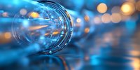 Glass bottle neck in blue ambient light with blurred bokeh background creating dreamy atmosphere, macro photography for creative design projects.