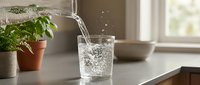 Water pouring into glass on kitchen counter with potted plants and window in background, refreshment concept.