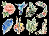 Watercolor floral and nature elements collection isolated on transparent background. Includes pink peony, hummingbird, botanical branches, decorative swirls, blue feather, artist palette and brushes. Ready for t-shirt design, stickers, clipart and print-on-demand projects.