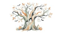 Spooky Halloween tree with cute ghosts and bats on white background. Autumn seasonal decoration for party invitations, greeting cards and festive designs.